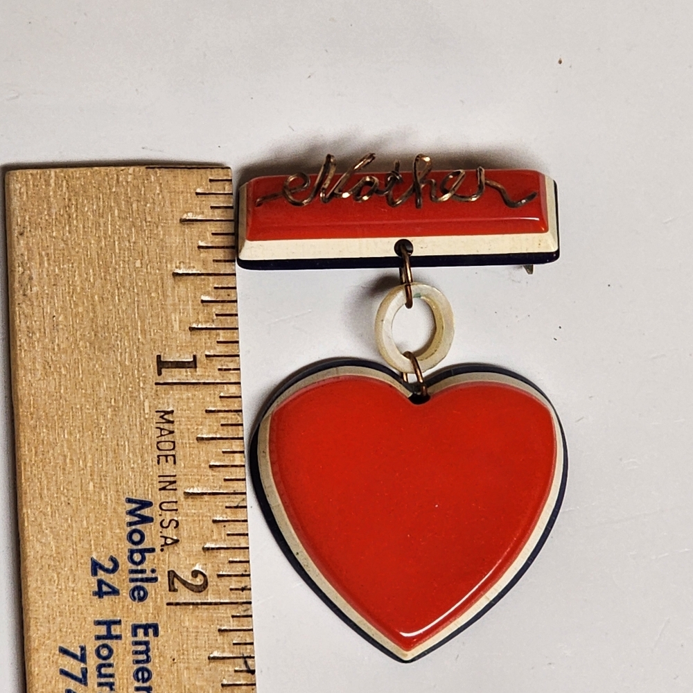 WWII-Era Sweetheart Brooch Mother Script Red White Blue Plastic Large Patriotic - Picture 8 of 10